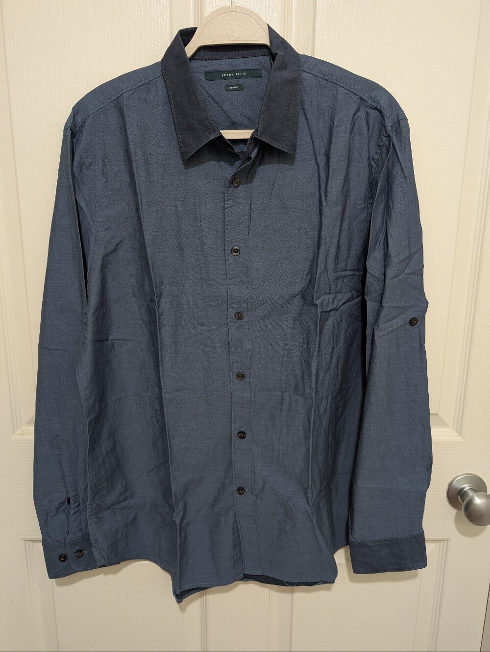 Perry Ellis Slate Blue Button-Down Shirt with Contrast Collar